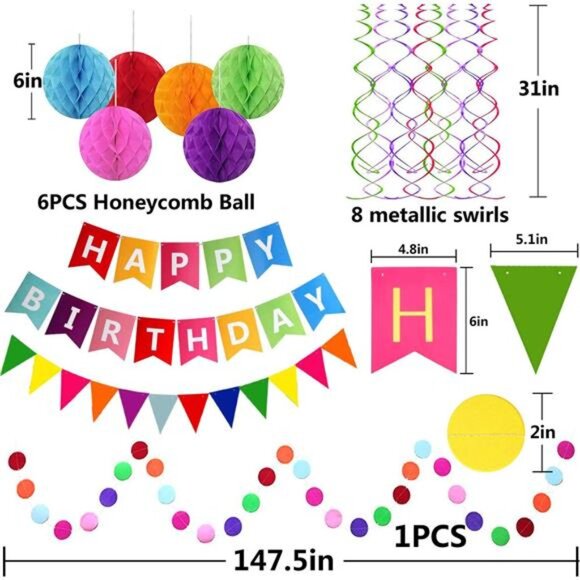 Happy Birthday Banner Party Decorations Colorful Paper Bunting Confetti Streamer - Picture 2 of 8